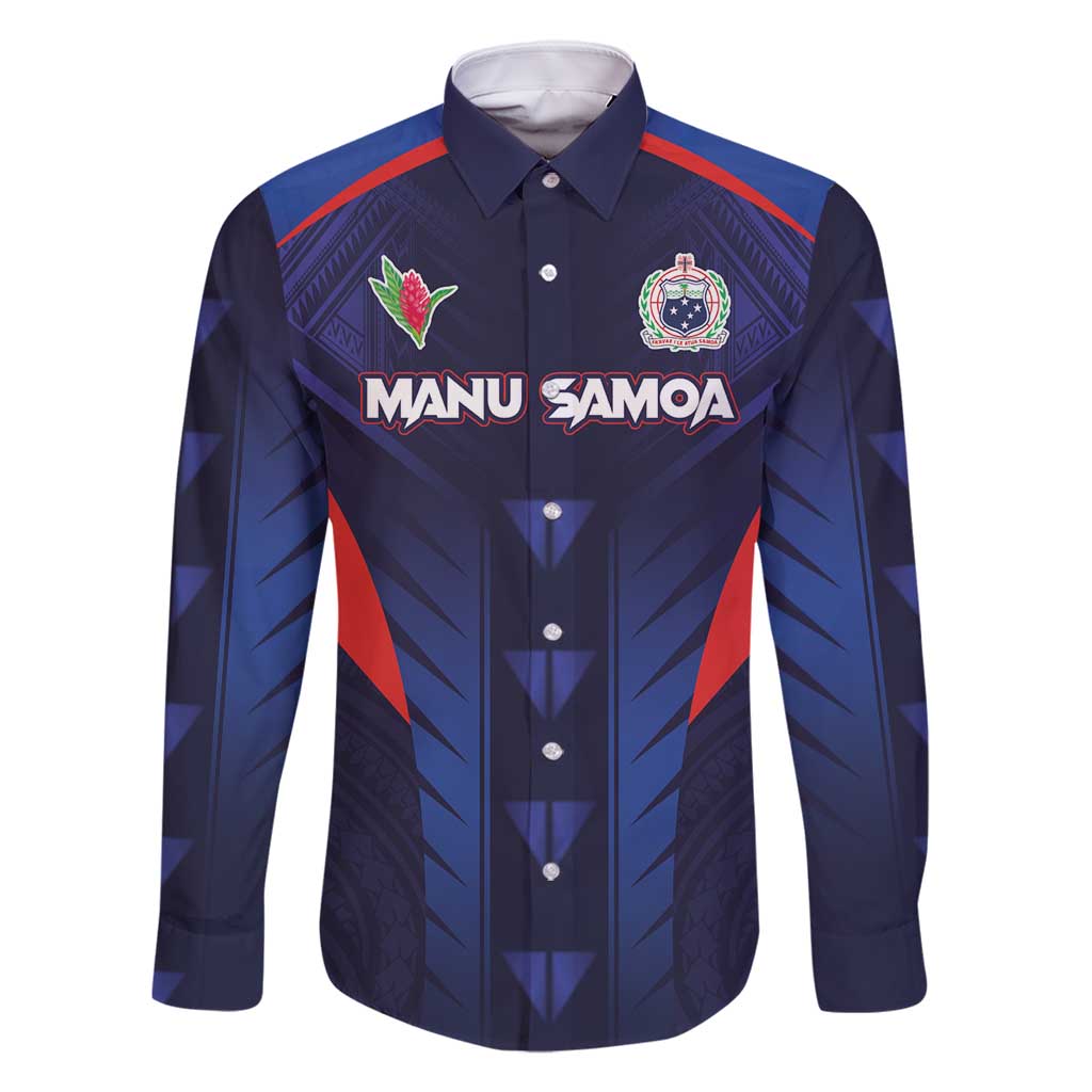Custom Rugby Samoa Family Matching Mermaid Dress and Hawaiian Shirt Siva Tau Spirit Sporty Vibes LT03 Dad's Shirt - Long Sleeve Navy - Polynesian Pride