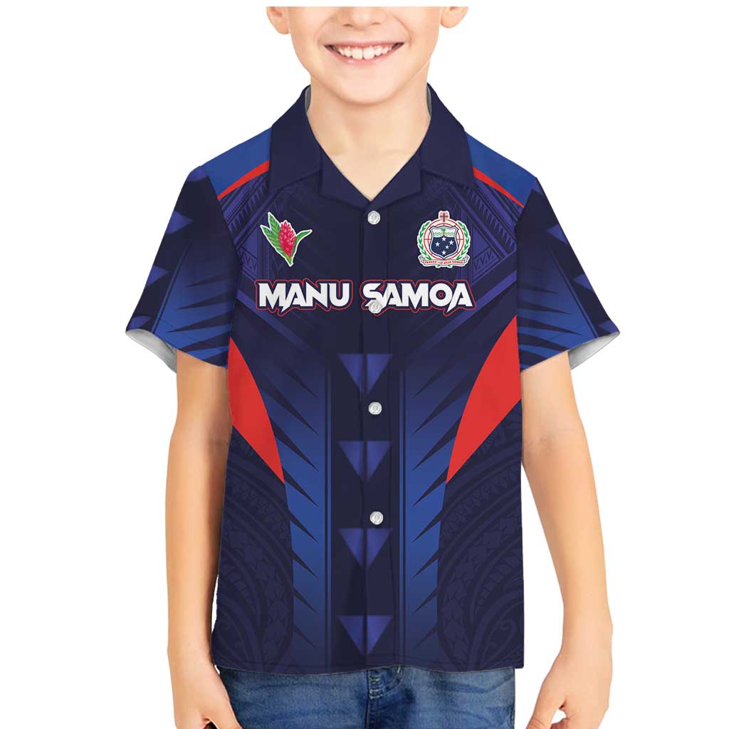 Custom Rugby Samoa Family Matching Mermaid Dress and Hawaiian Shirt Siva Tau Spirit Sporty Vibes LT03 Son's Shirt Navy - Polynesian Pride