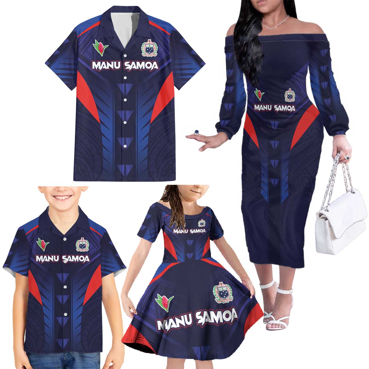 Custom Rugby Samoa Family Matching Off The Shoulder Long Sleeve Dress and Hawaiian Shirt Siva Tau Spirit Sporty Vibes LT03 - Polynesian Pride