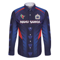 Custom Rugby Samoa Family Matching Off The Shoulder Long Sleeve Dress and Hawaiian Shirt Siva Tau Spirit Sporty Vibes LT03 Dad's Shirt - Long Sleeve Navy - Polynesian Pride