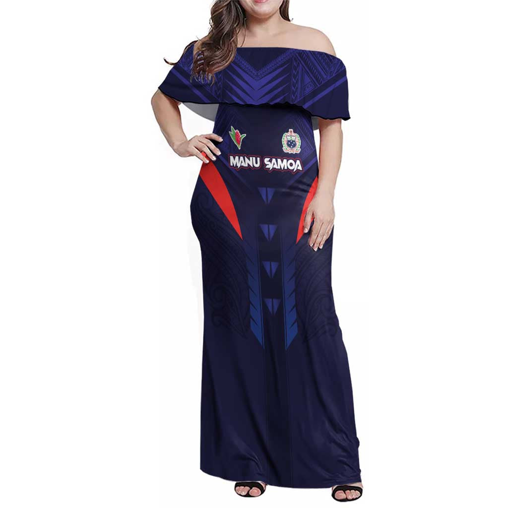 Custom Rugby Samoa Family Matching Off Shoulder Maxi Dress and Hawaiian Shirt Siva Tau Spirit Sporty Vibes LT03 Mom's Dress Navy - Polynesian Pride