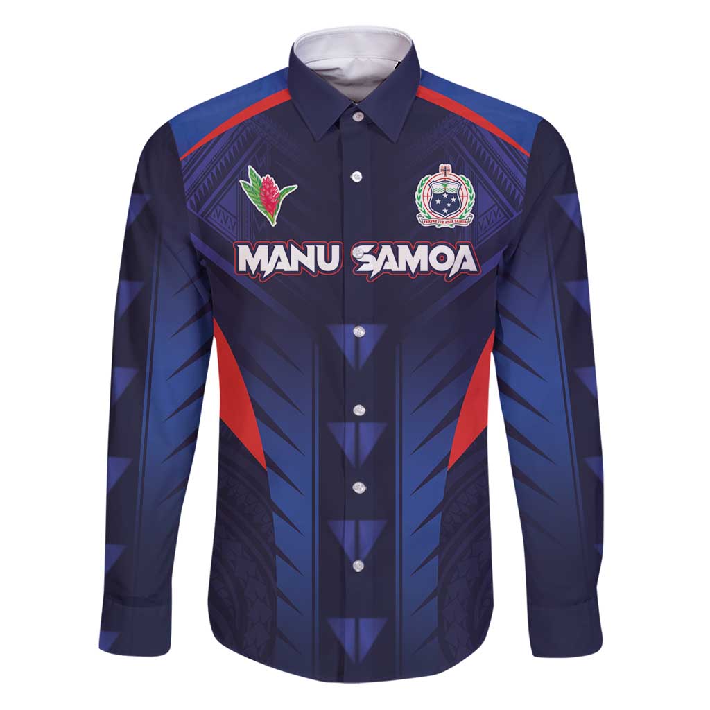 Custom Rugby Samoa Family Matching Puletasi and Hawaiian Shirt Siva Tau Spirit Sporty Vibes LT03 Dad's Shirt - Long Sleeve Navy - Polynesian Pride
