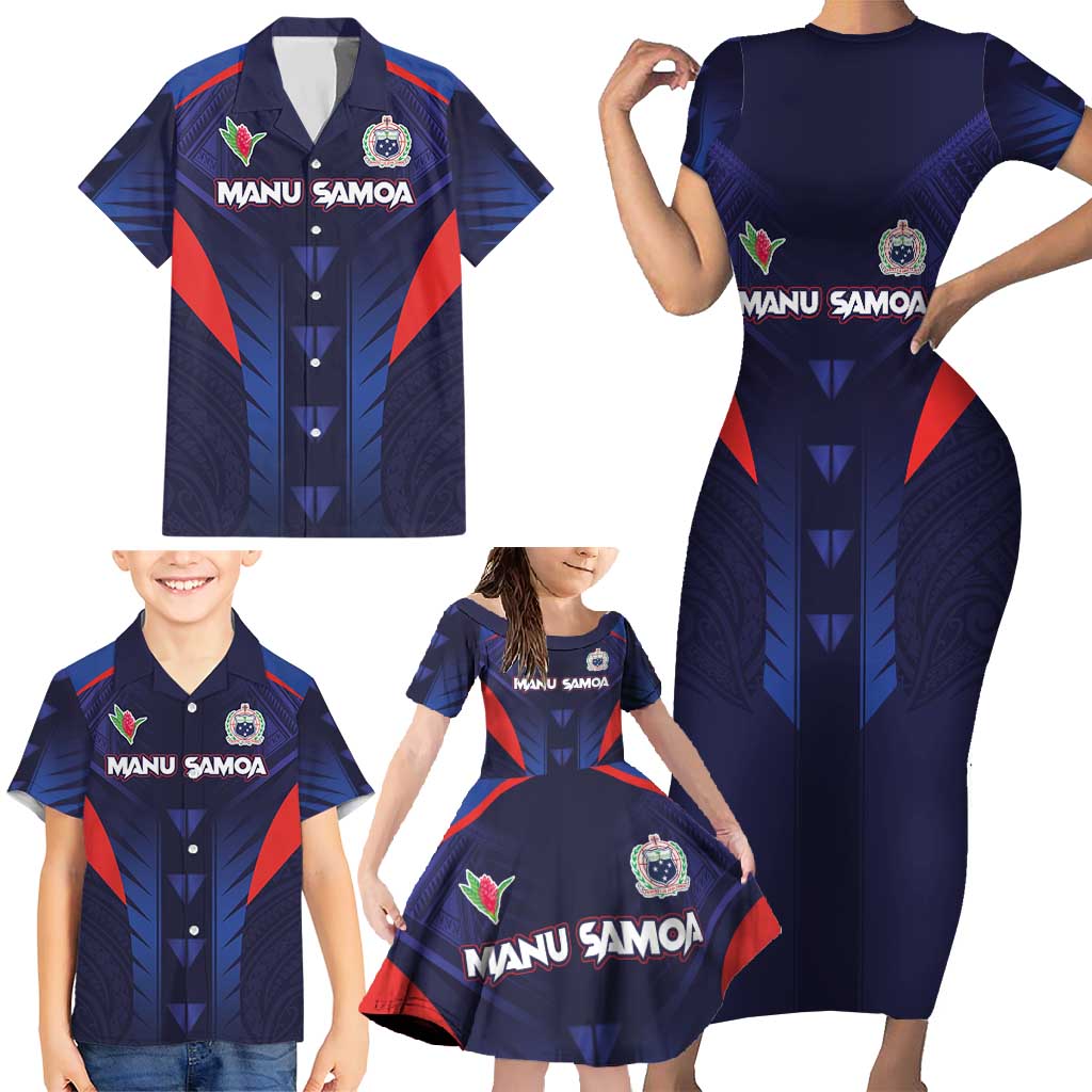 Custom Rugby Samoa Family Matching Short Sleeve Bodycon Dress and Hawaiian Shirt Siva Tau Spirit Sporty Vibes LT03 - Polynesian Pride