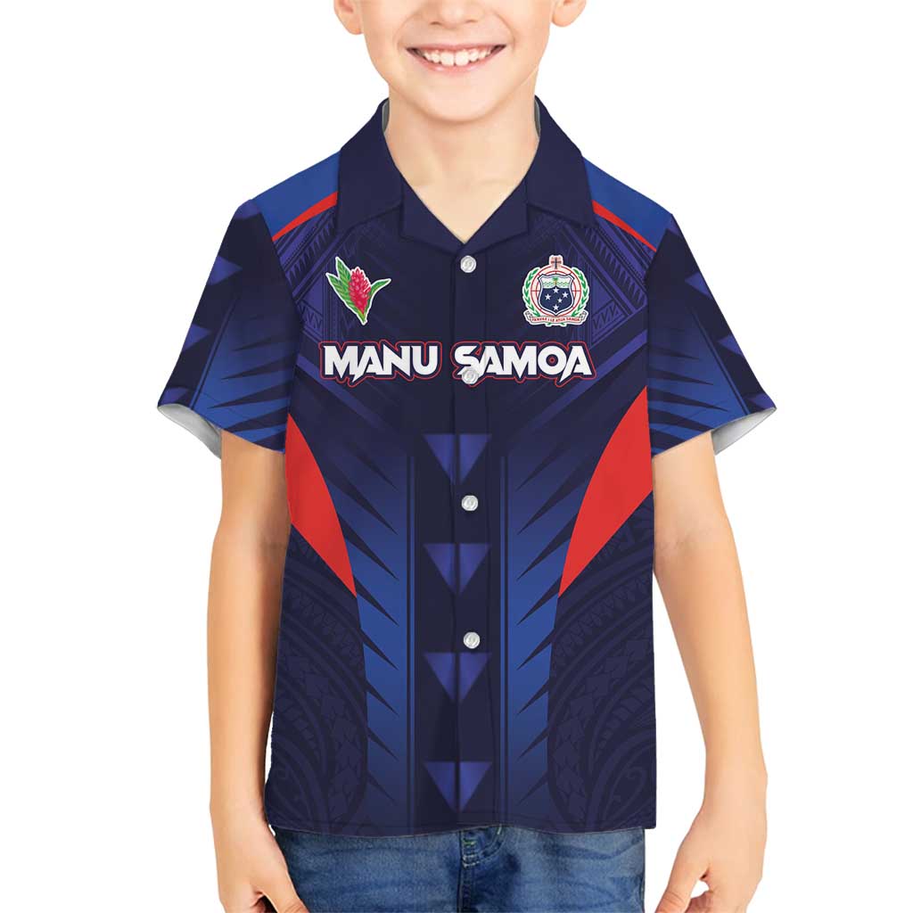 Custom Rugby Samoa Family Matching Summer Maxi Dress and Hawaiian Shirt Siva Tau Spirit Sporty Vibes LT03 Son's Shirt Navy - Polynesian Pride