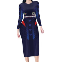 Custom Rugby Samoa Long Sleeve Bodycon Dress Siva Tau Spirit Sporty Vibes LT03 Long Dress Navy - Polynesian Pride