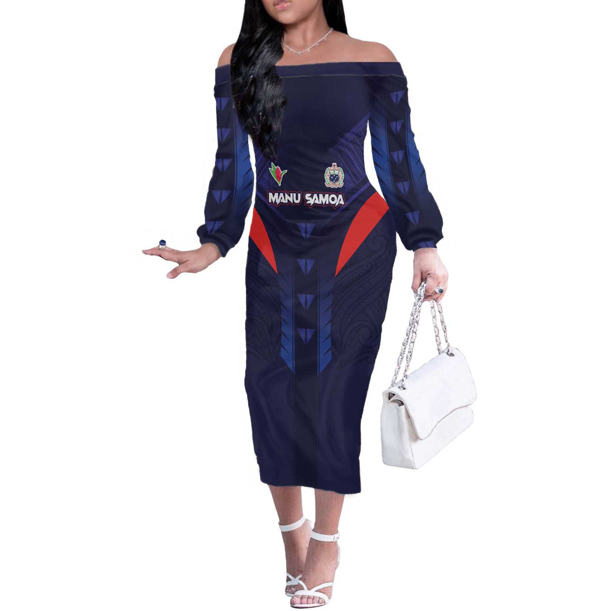 Custom Rugby Samoa Off The Shoulder Long Sleeve Dress Siva Tau Spirit Sporty Vibes LT03 Women Navy - Polynesian Pride