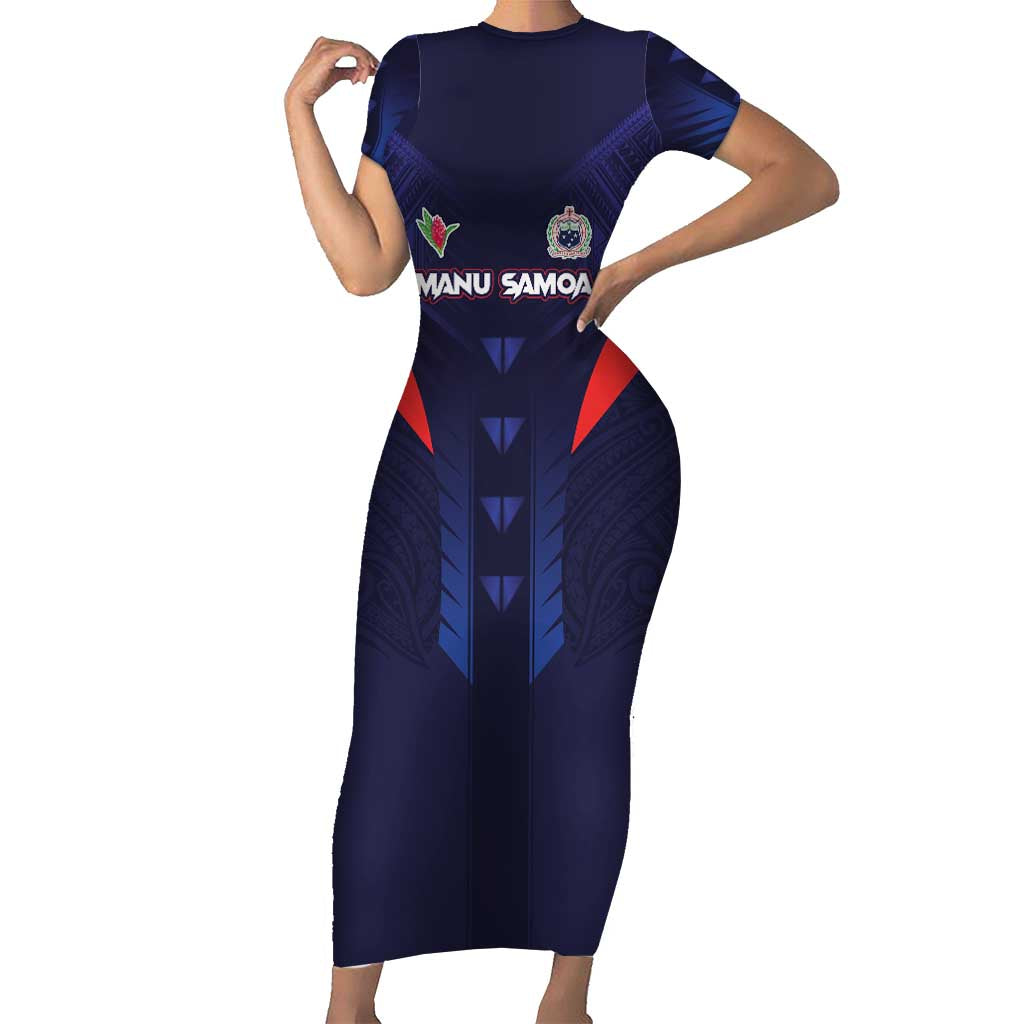 Custom Rugby Samoa Short Sleeve Bodycon Dress Siva Tau Spirit Sporty Vibes LT03 Long Dress Navy - Polynesian Pride
