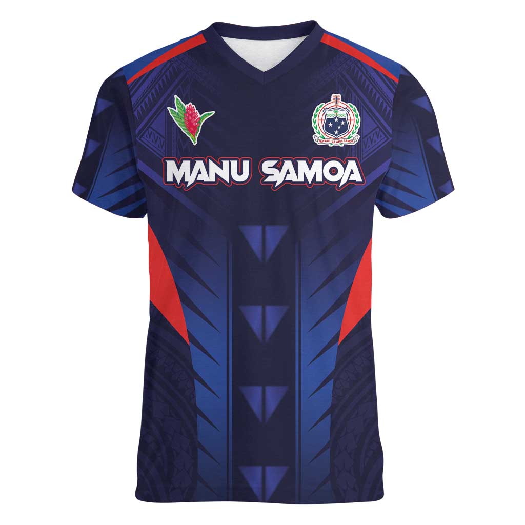 Custom Rugby Samoa Women V-Neck T-Shirt Siva Tau Spirit Sporty Vibes LT03 Female Navy - Polynesian Pride