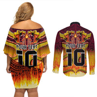 Custom PNG Port Moresby Vipers Rugby Couples Matching Off Shoulder Short Dress and Long Sleeve Button Shirts Fire Vipers Mix PNG Bird Polynesian Tattoo LT03 - Polynesian Pride