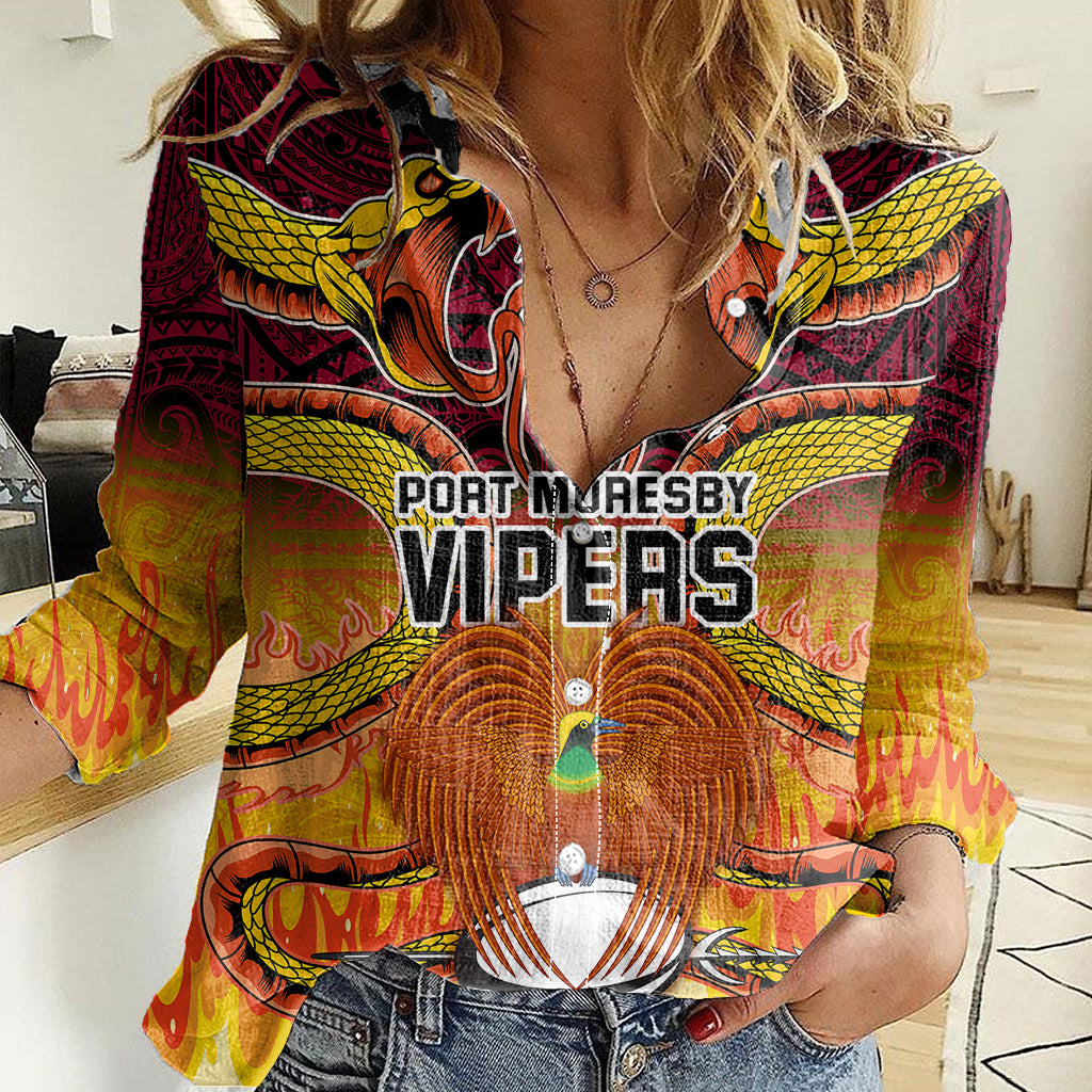 Custom PNG Port Moresby Vipers Rugby Women Casual Shirt Fire Vipers Mix PNG Bird Polynesian Tattoo LT03 Female Yellow - Polynesian Pride