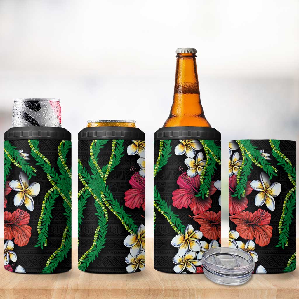 Hawaiian Tropical Flowers and Maile Pikake 4 in 1 Can Cooler Tumbler Polynesian Tribal Pattern Black Color LT03 - Polynesian Pride