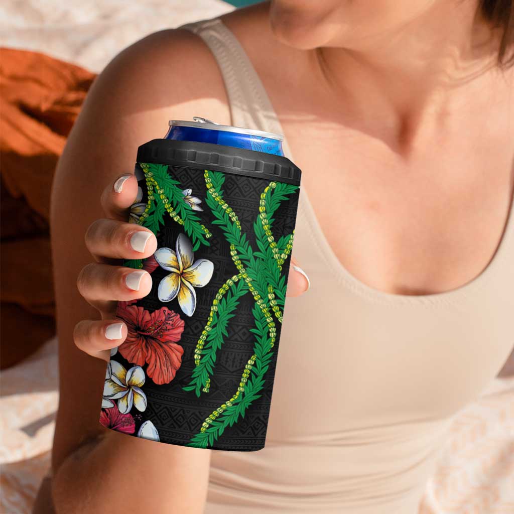Hawaiian Tropical Flowers and Maile Pikake 4 in 1 Can Cooler Tumbler Polynesian Tribal Pattern Black Color LT03 - Polynesian Pride