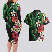 Hawaiian Tropical Flowers and Maile Pikake Couples Matching Long Sleeve Bodycon Dress and Hawaiian Shirt Polynesian Tribal Pattern Black Color LT03 - Polynesian Pride