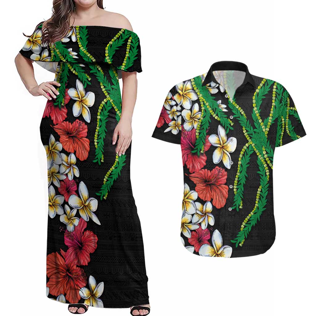 Hawaiian Tropical Flowers and Maile Pikake Couples Matching Off Shoulder Maxi Dress and Hawaiian Shirt Polynesian Tribal Pattern Black Color LT03 Black - Polynesian Pride