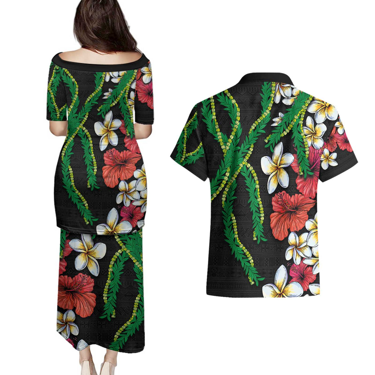 Hawaiian Tropical Flowers and Maile Pikake Couples Matching Puletasi and Hawaiian Shirt Polynesian Tribal Pattern Black Color LT03 - Polynesian Pride