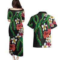Hawaiian Tropical Flowers and Maile Pikake Couples Matching Puletasi and Hawaiian Shirt Polynesian Tribal Pattern Black Color LT03 - Polynesian Pride
