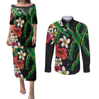 Hawaiian Tropical Flowers and Maile Pikake Couples Matching Puletasi and Long Sleeve Button Shirt Polynesian Tribal Pattern Black Color LT03 Black - Polynesian Pride