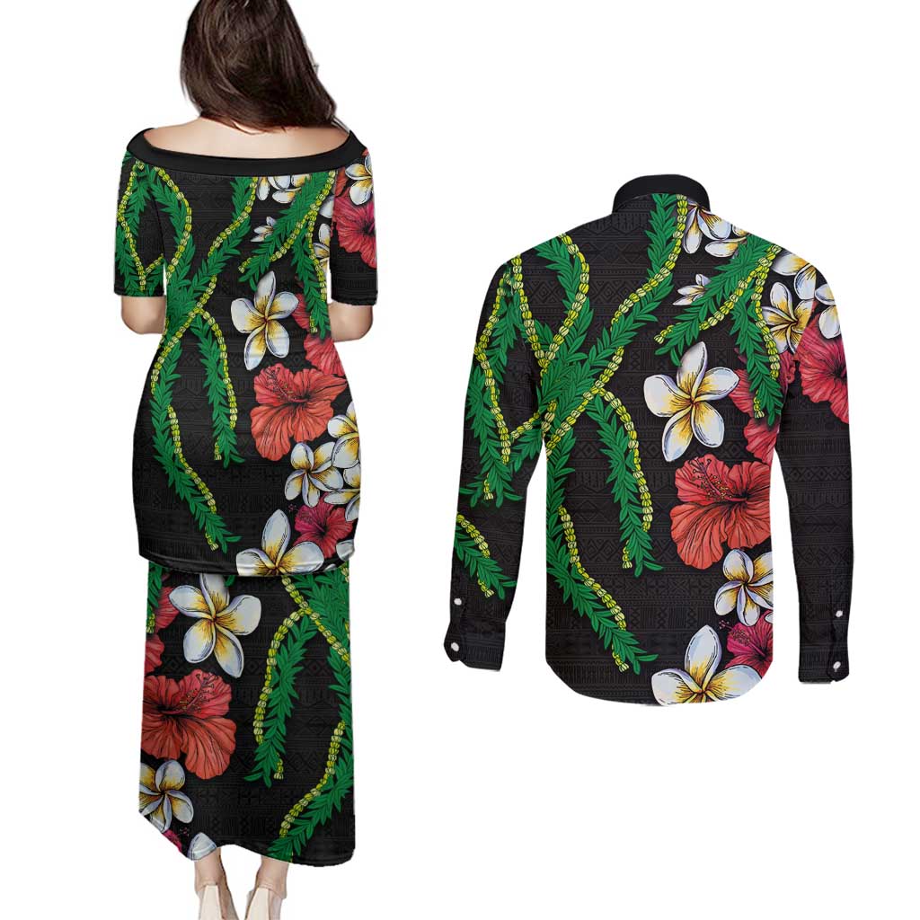 Hawaiian Tropical Flowers and Maile Pikake Couples Matching Puletasi and Long Sleeve Button Shirt Polynesian Tribal Pattern Black Color LT03 - Polynesian Pride