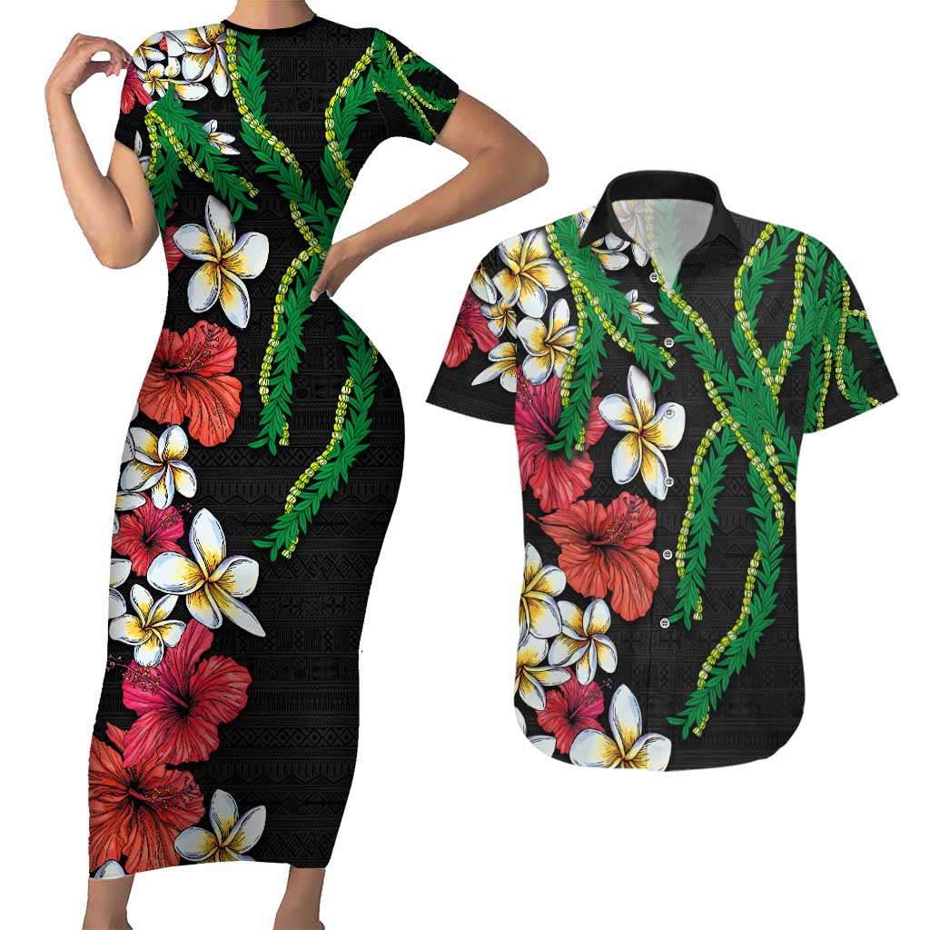 Hawaiian Tropical Flowers and Maile Pikake Couples Matching Short Sleeve Bodycon Dress and Hawaiian Shirt Polynesian Tribal Pattern Black Color LT03 Black - Polynesian Pride
