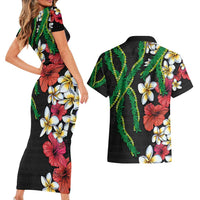Hawaiian Tropical Flowers and Maile Pikake Couples Matching Short Sleeve Bodycon Dress and Hawaiian Shirt Polynesian Tribal Pattern Black Color LT03 - Polynesian Pride