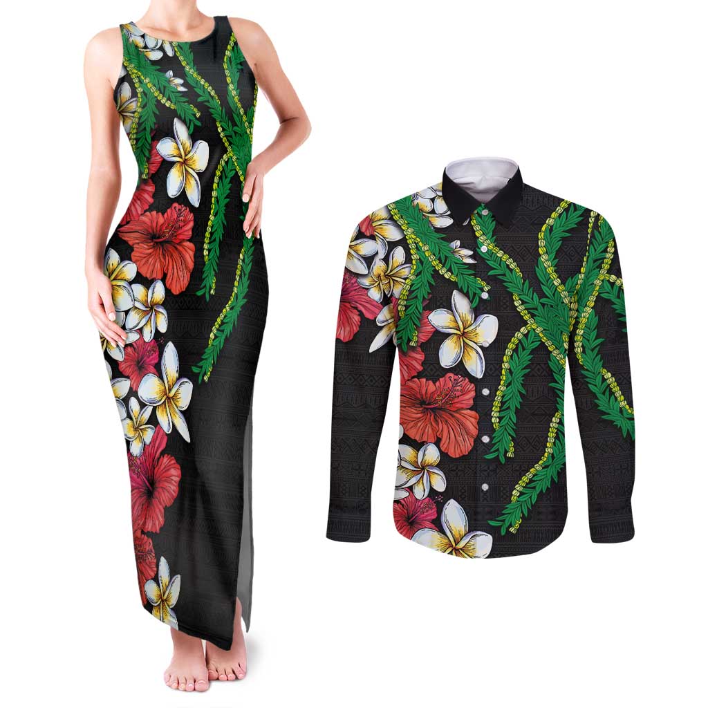 Hawaiian Tropical Flowers and Maile Pikake Couples Matching Tank Maxi Dress and Long Sleeve Button Shirt Polynesian Tribal Pattern Black Color