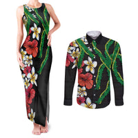 Hawaiian Tropical Flowers and Maile Pikake Couples Matching Tank Maxi Dress and Long Sleeve Button Shirt Polynesian Tribal Pattern Black Color