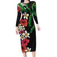 Hawaiian Tropical Flowers and Maile Pikake Family Matching Long Sleeve Bodycon Dress and Hawaiian Shirt Polynesian Tribal Pattern Black Color
