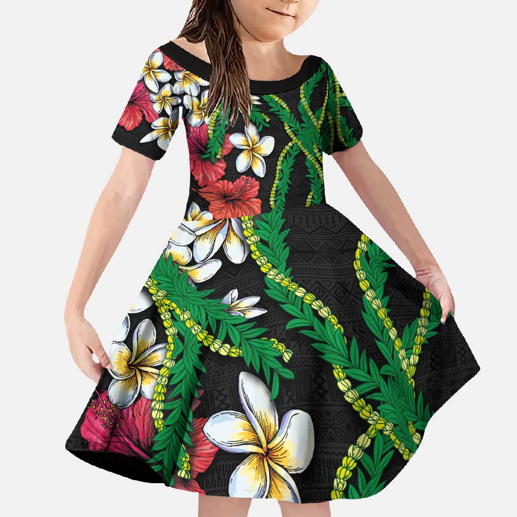 Hawaiian Tropical Flowers and Maile Pikake Family Matching Mermaid Dress and Hawaiian Shirt Polynesian Tribal Pattern Black Color LT03 Daughter's Dress Black - Polynesian Pride