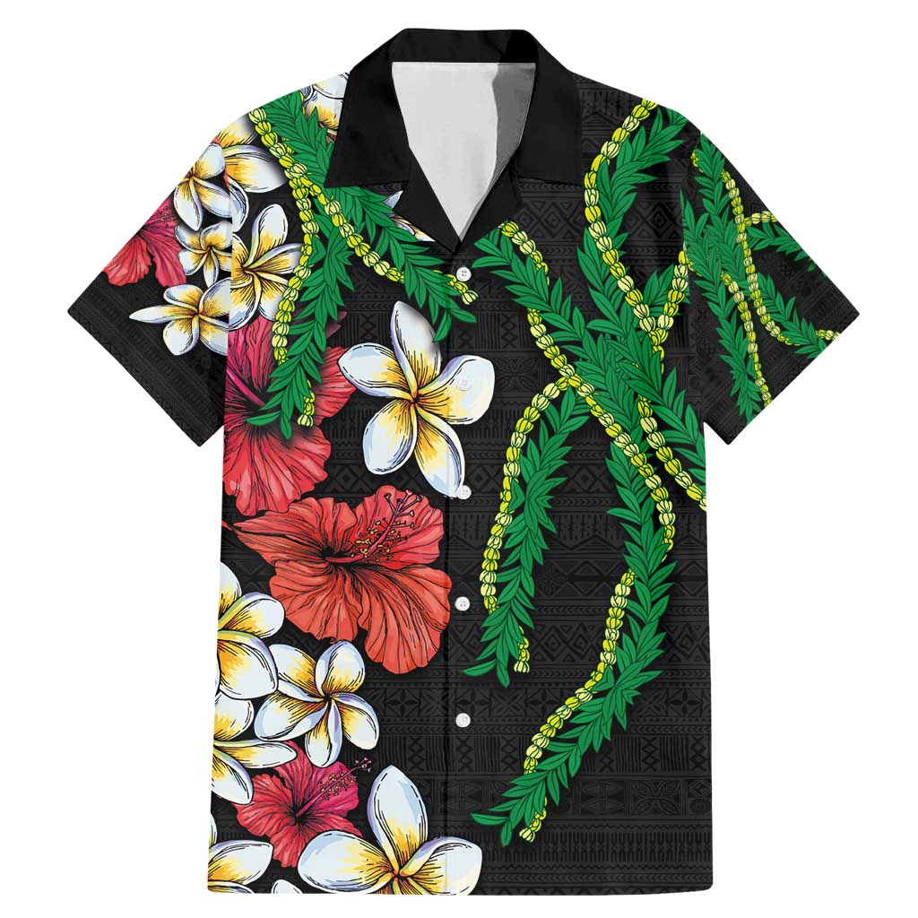 Hawaiian Tropical Flowers and Maile Pikake Family Matching Mermaid Dress and Hawaiian Shirt Polynesian Tribal Pattern Black Color LT03 Dad's Shirt - Short Sleeve Black - Polynesian Pride