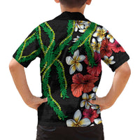Hawaiian Tropical Flowers and Maile Pikake Family Matching Off The Shoulder Long Sleeve Dress and Hawaiian Shirt Polynesian Tribal Pattern Black Color LT03 - Polynesian Pride