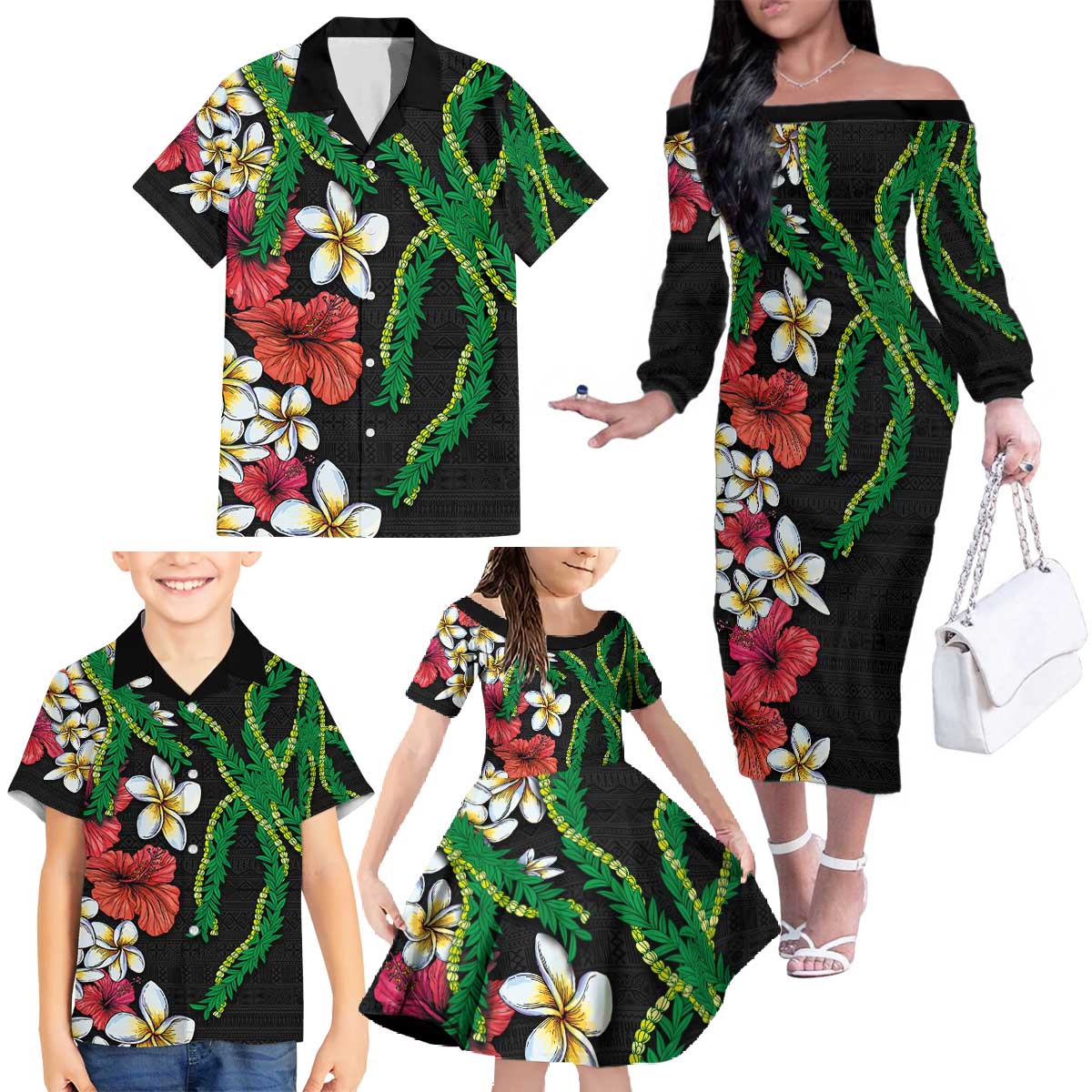 Hawaiian Tropical Flowers and Maile Pikake Family Matching Off The Shoulder Long Sleeve Dress and Hawaiian Shirt Polynesian Tribal Pattern Black Color LT03 - Polynesian Pride