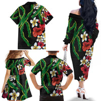 Hawaiian Tropical Flowers and Maile Pikake Family Matching Off The Shoulder Long Sleeve Dress and Hawaiian Shirt Polynesian Tribal Pattern Black Color LT03 - Polynesian Pride