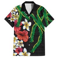 Hawaiian Tropical Flowers and Maile Pikake Family Matching Off The Shoulder Long Sleeve Dress and Hawaiian Shirt Polynesian Tribal Pattern Black Color LT03 Dad's Shirt - Short Sleeve Black - Polynesian Pride