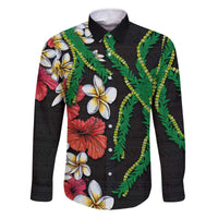 Hawaiian Tropical Flowers and Maile Pikake Family Matching Off The Shoulder Long Sleeve Dress and Hawaiian Shirt Polynesian Tribal Pattern Black Color LT03 Dad's Shirt - Long Sleeve Black - Polynesian Pride
