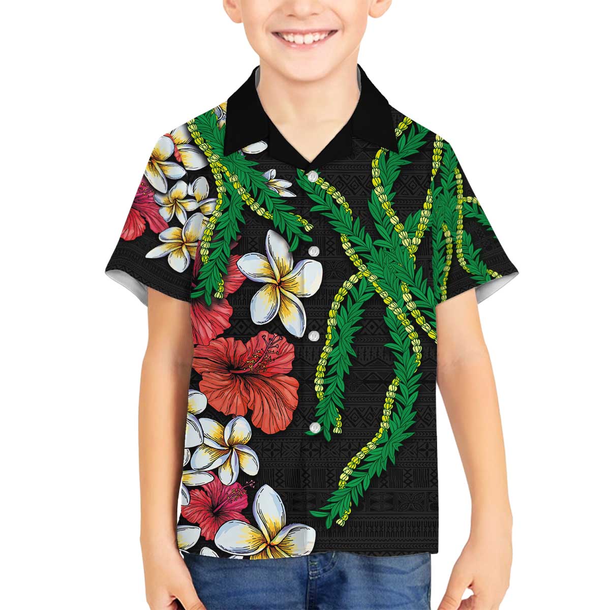 Hawaiian Tropical Flowers and Maile Pikake Family Matching Off The Shoulder Long Sleeve Dress and Hawaiian Shirt Polynesian Tribal Pattern Black Color LT03 Son's Shirt Black - Polynesian Pride