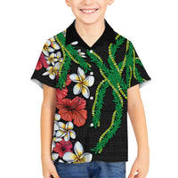 Hawaiian Tropical Flowers and Maile Pikake Family Matching Off Shoulder Maxi Dress and Hawaiian Shirt Polynesian Tribal Pattern Black Color LT03 Son's Shirt Black - Polynesian Pride