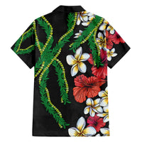 Hawaiian Tropical Flowers and Maile Pikake Family Matching Off Shoulder Short Dress and Hawaiian Shirt Polynesian Tribal Pattern Black Color