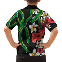 Hawaiian Tropical Flowers and Maile Pikake Family Matching Puletasi and Hawaiian Shirt Polynesian Tribal Pattern Black Color LT03 - Polynesian Pride