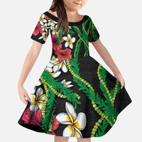 Hawaiian Tropical Flowers and Maile Pikake Family Matching Puletasi and Hawaiian Shirt Polynesian Tribal Pattern Black Color LT03 Daughter's Dress Black - Polynesian Pride