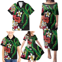 Hawaiian Tropical Flowers and Maile Pikake Family Matching Puletasi and Hawaiian Shirt Polynesian Tribal Pattern Black Color LT03 - Polynesian Pride