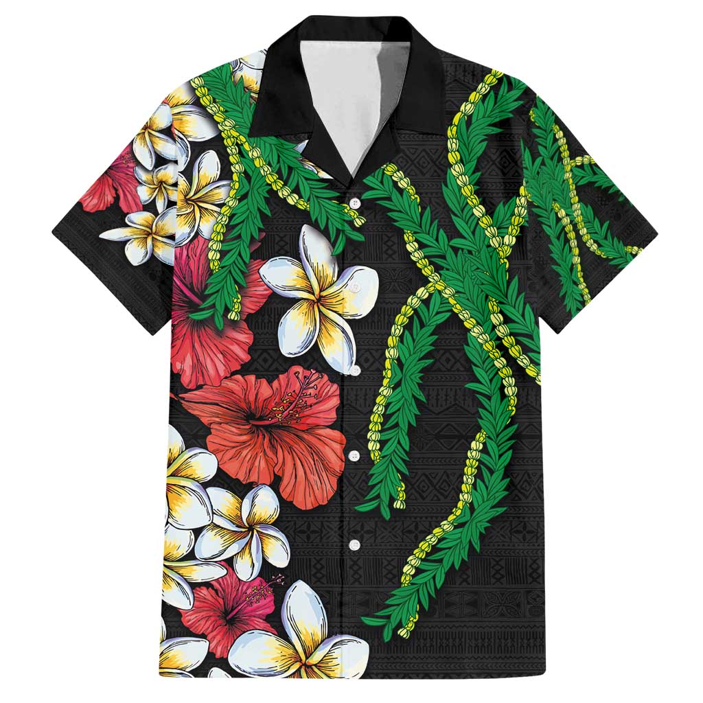 Hawaiian Tropical Flowers and Maile Pikake Family Matching Puletasi and Hawaiian Shirt Polynesian Tribal Pattern Black Color LT03 Dad's Shirt - Short Sleeve Black - Polynesian Pride