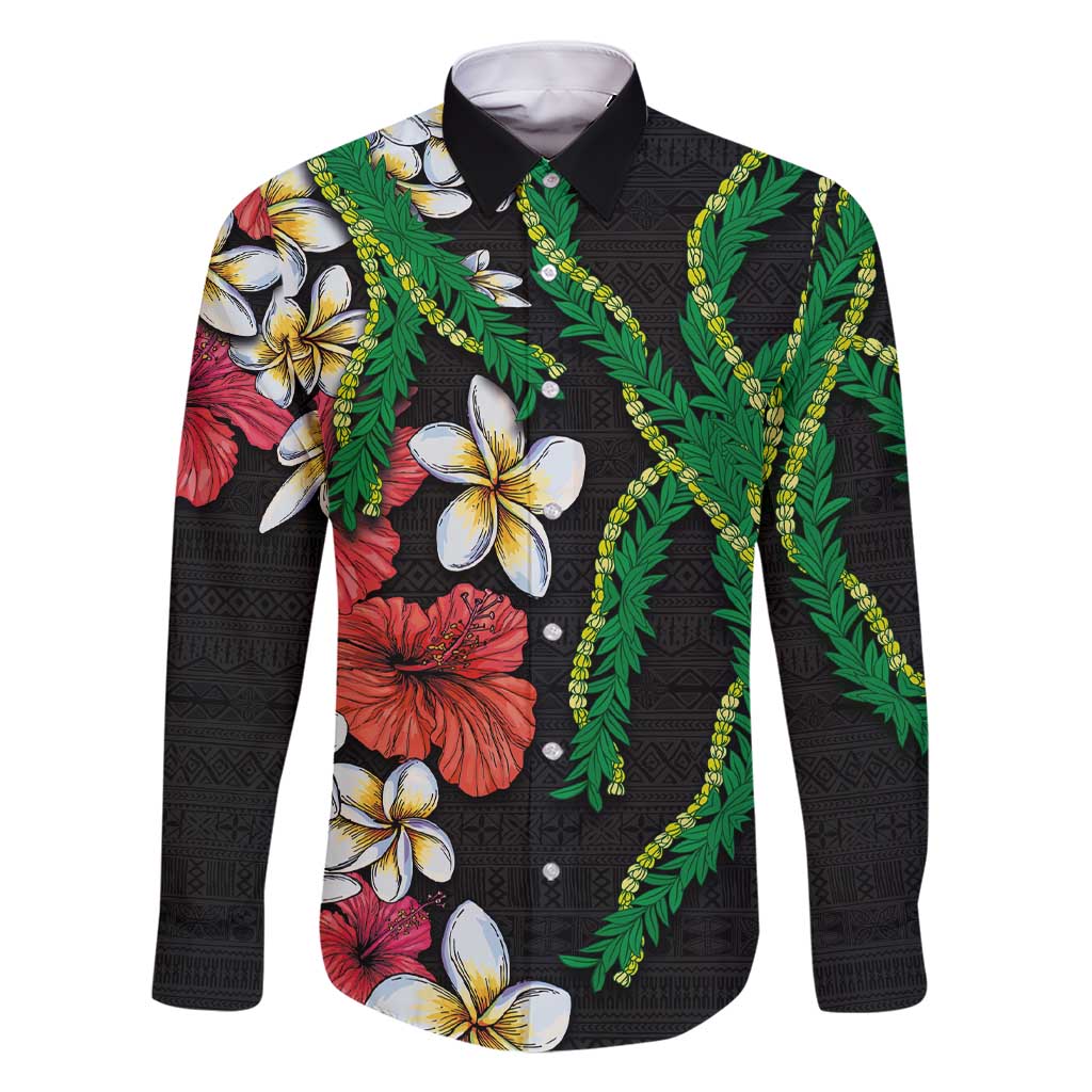 Hawaiian Tropical Flowers and Maile Pikake Family Matching Short Sleeve Bodycon Dress and Hawaiian Shirt Polynesian Tribal Pattern Black Color