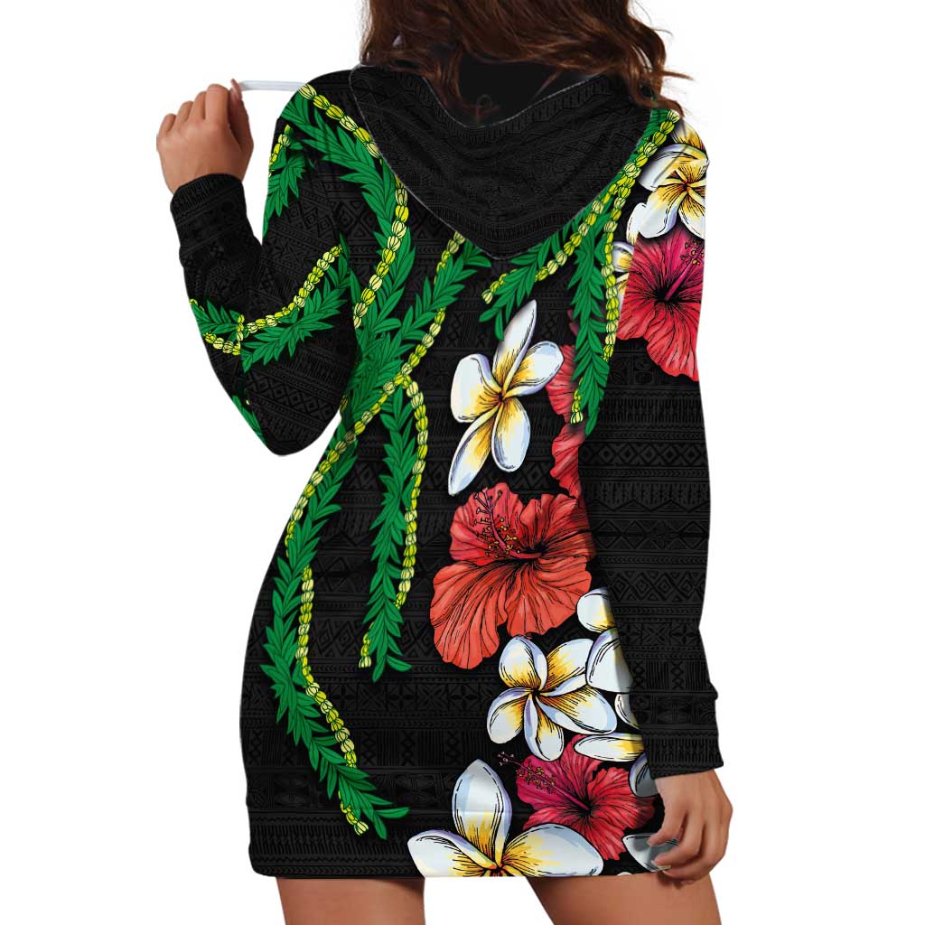 Hawaiian Tropical Flowers and Maile Pikake Hoodie Dress Polynesian Tribal Pattern Black Color LT03 - Polynesian Pride