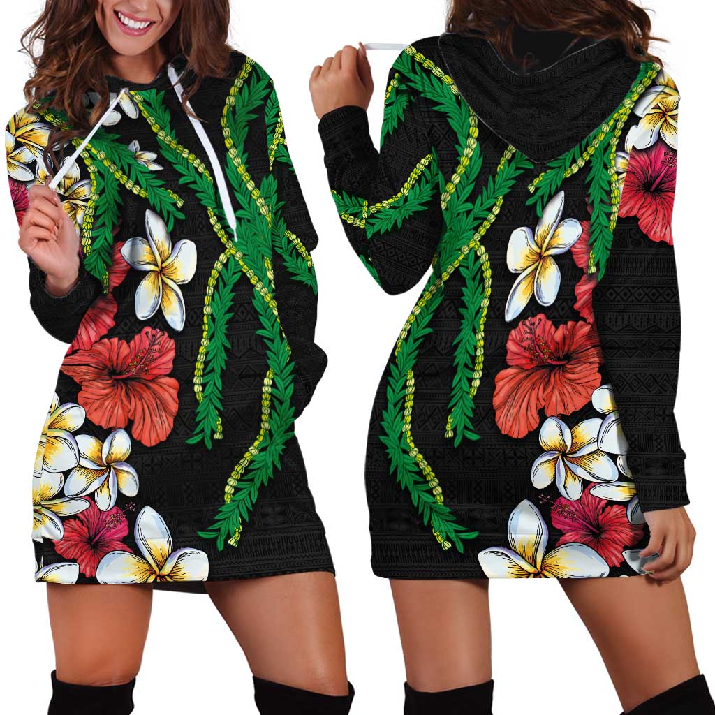 Hawaiian Tropical Flowers and Maile Pikake Hoodie Dress Polynesian Tribal Pattern Black Color LT03 - Polynesian Pride