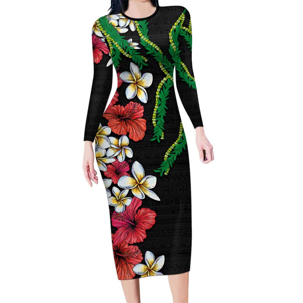Hawaiian Tropical Flowers and Maile Pikake Long Sleeve Bodycon Dress Polynesian Tribal Pattern Black Color LT03 Long Dress Black - Polynesian Pride