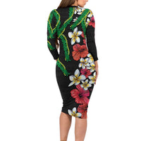 Hawaiian Tropical Flowers and Maile Pikake Long Sleeve Bodycon Dress Polynesian Tribal Pattern Black Color LT03 - Polynesian Pride