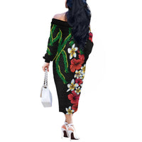Hawaiian Tropical Flowers and Maile Pikake Off The Shoulder Long Sleeve Dress Polynesian Tribal Pattern Black Color LT03 - Polynesian Pride