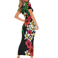 Hawaiian Tropical Flowers and Maile Pikake Short Sleeve Bodycon Dress Polynesian Tribal Pattern Black Color LT03 - Polynesian Pride