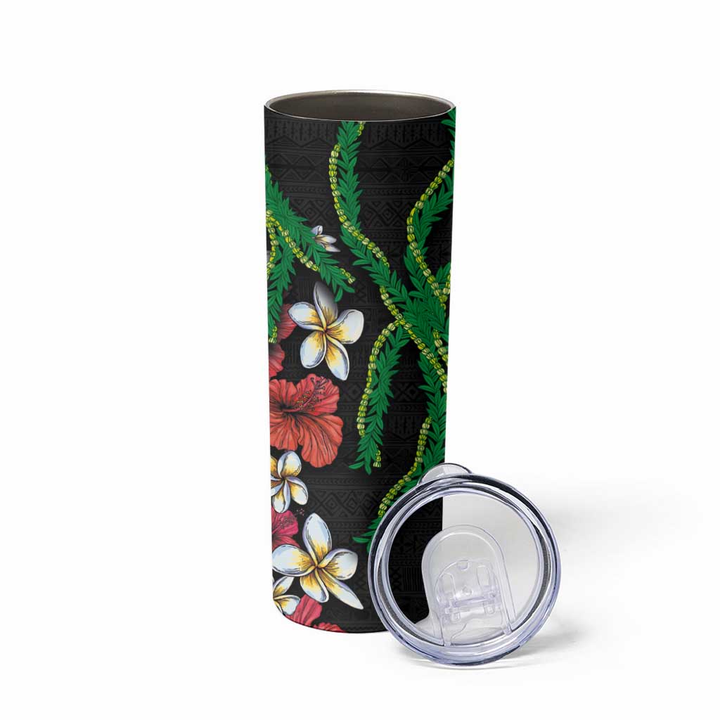 Hawaiian Tropical Flowers and Maile Pikake Skinny Tumbler Polynesian Tribal Pattern Black Color LT03 - Polynesian Pride