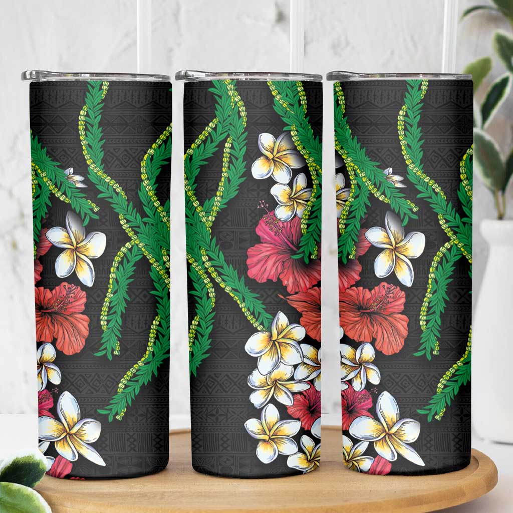 Hawaiian Tropical Flowers and Maile Pikake Skinny Tumbler Polynesian Tribal Pattern Black Color LT03 - Polynesian Pride